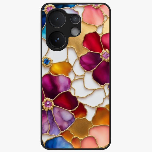 Marble Flower Pattern Glass Case showing flat back view with marble texture floral artwork and glossy glass finish.