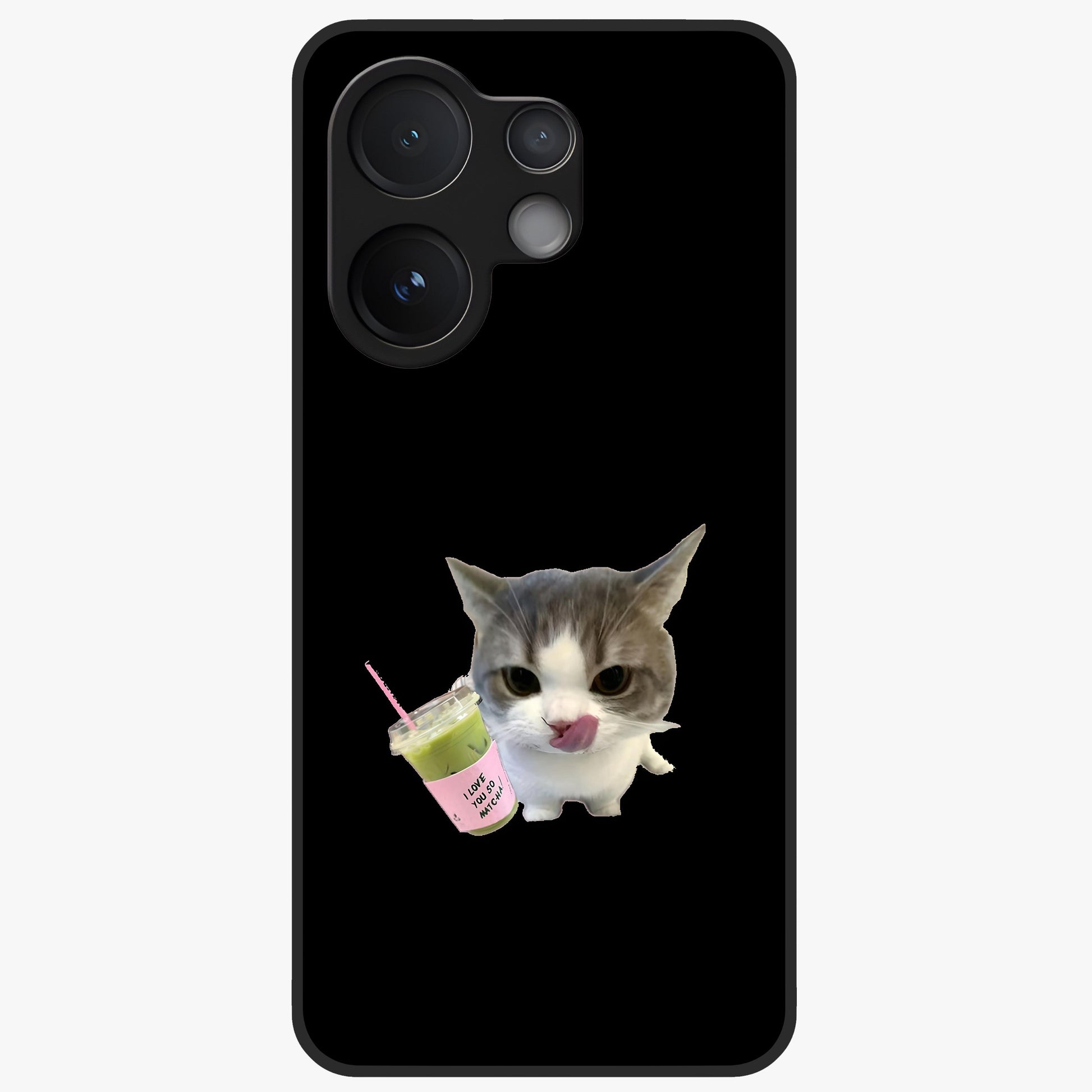 Matcha Cat Style Glass Case showing flat back view with cute matcha themed cat artwork and glossy glass finish.
