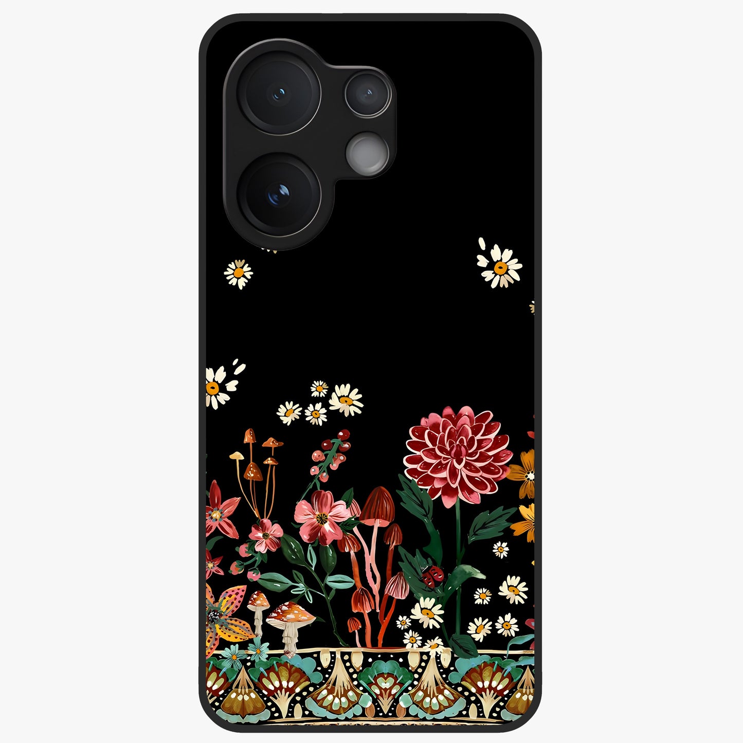 Midnight Bloom Pattern Glass Case showing flat back view with dark floral pattern artwork and glossy glass finish.