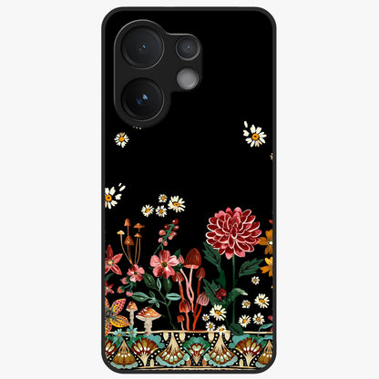 Midnight Bloom Pattern Glass Case showing flat back view with dark floral pattern artwork and glossy glass finish.