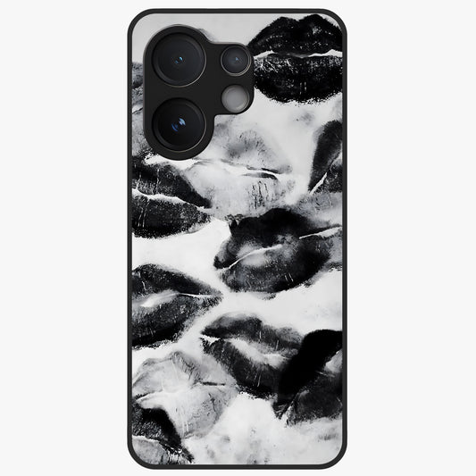 Midnight Kiss Marks Glass Case showing flat back view with lipstick kiss mark artwork and glossy glass finish.