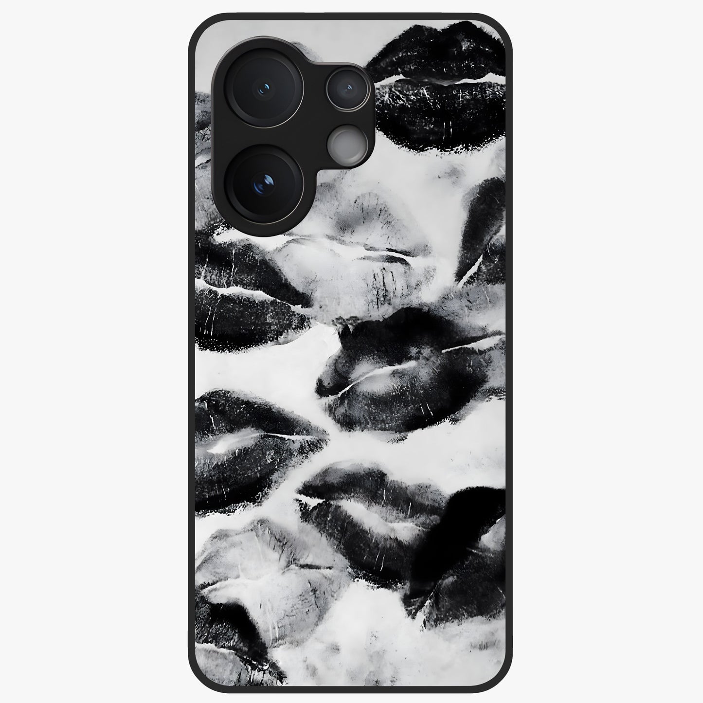 Midnight Kiss Marks Glass Case showing flat back view with lipstick kiss mark artwork and glossy glass finish.