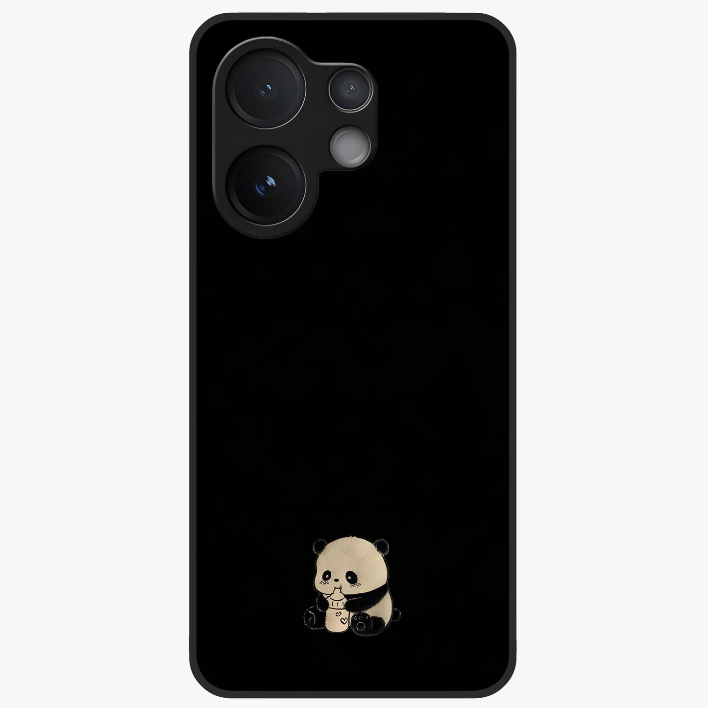 Midnight Panda Love Glass Case showing flat back view with cute panda themed artwork and glossy glass finish.