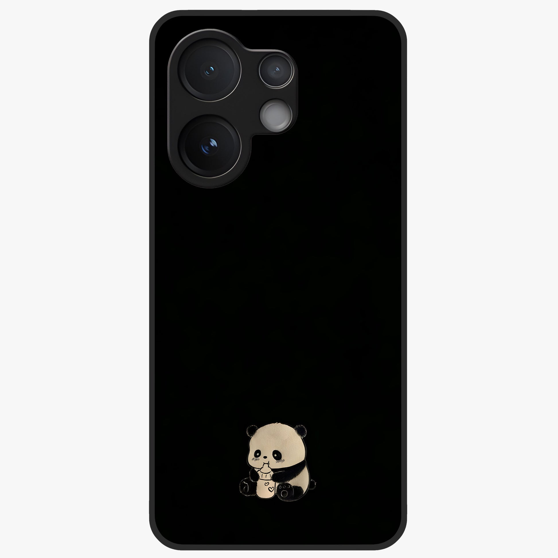 Midnight Panda Love Glass Case showing flat back view with cute panda themed artwork and glossy glass finish.