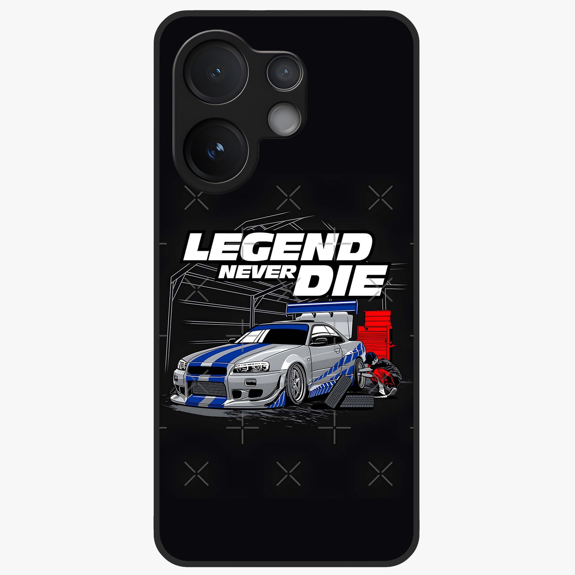 Midnight Racing Legacy Glass Case showing flat back view with sleek racing inspired artwork and glossy glass finish.