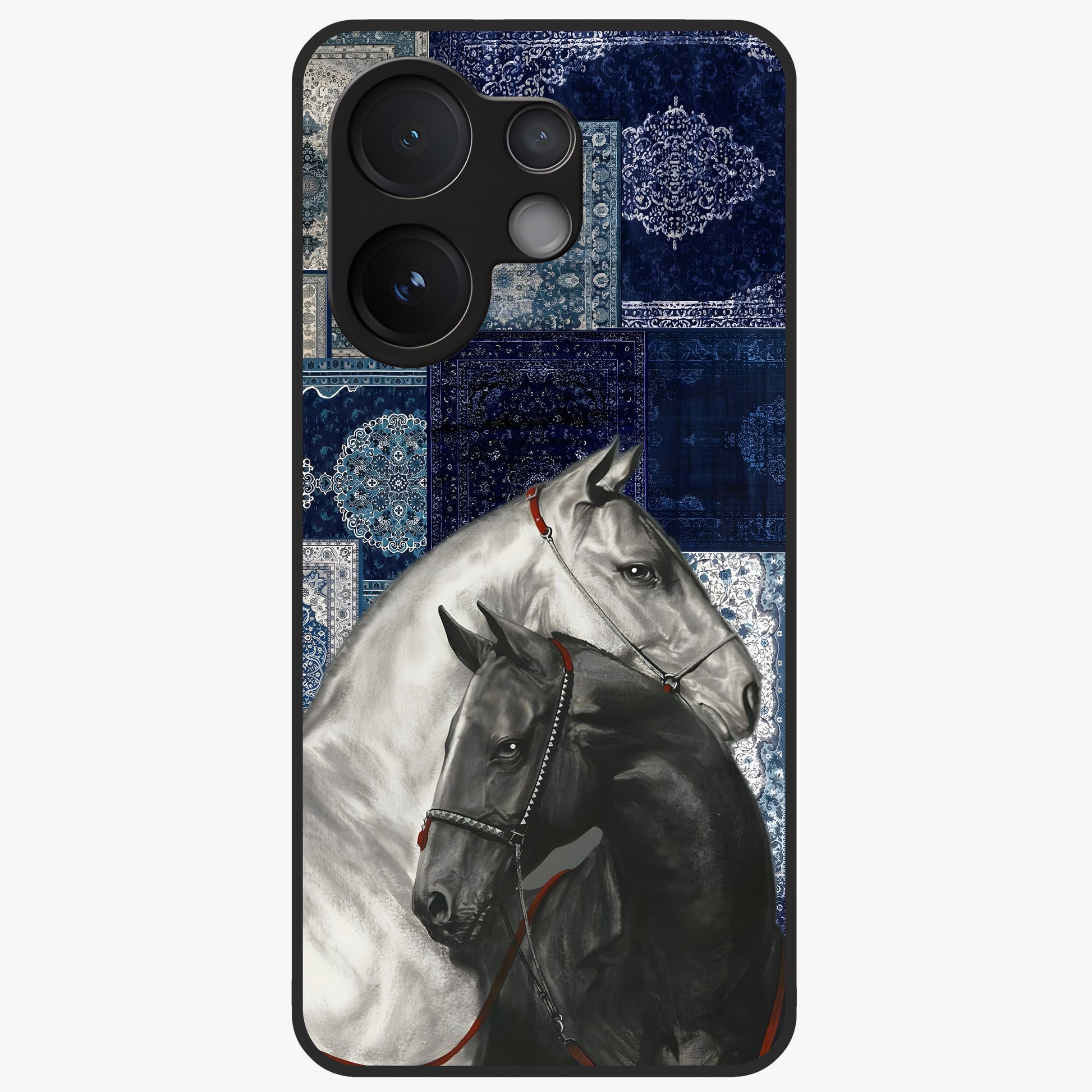 Midnight Stallion Blues Glass Case showing flat back view with majestic horse artwork and glossy glass finish.