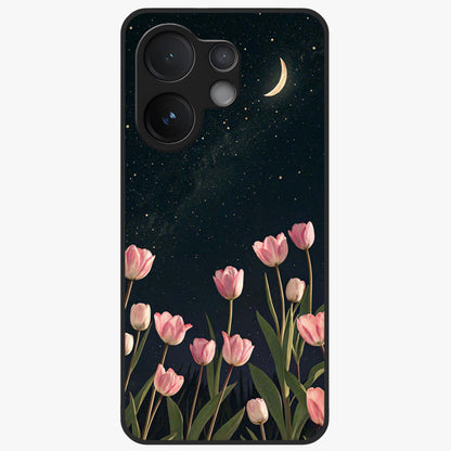 Midnight Tulip Whispers Vibe Glass Case showing flat back view with elegant tulip flower artwork and glossy glass finish.