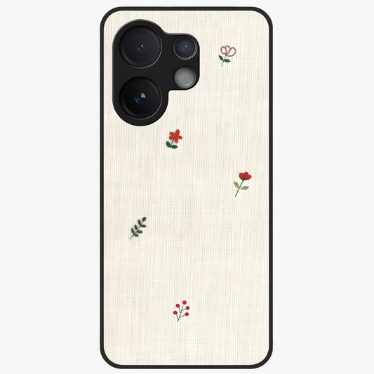 Minimal Petal Whispers Glass Case showing flat back view with soft minimal floral artwork and glossy glass finish.