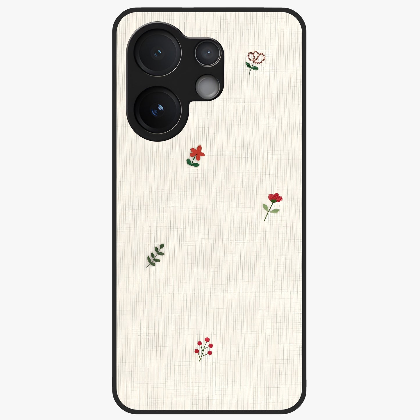Minimal Petal Whispers Glass Case showing flat back view with soft minimal floral artwork and glossy glass finish.