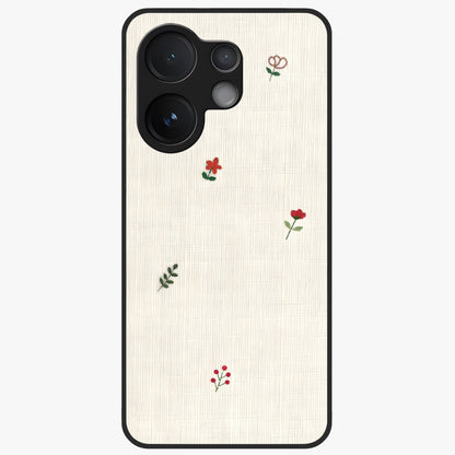 Minimal Petal Whispers Glass Case showing flat back view with soft minimal floral artwork and glossy glass finish.