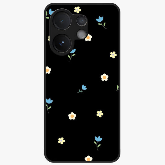 Minimalistic Blue With White Flower Pattern Glass Case showing flat back view with blue background and white flower pattern and glossy glass finish.