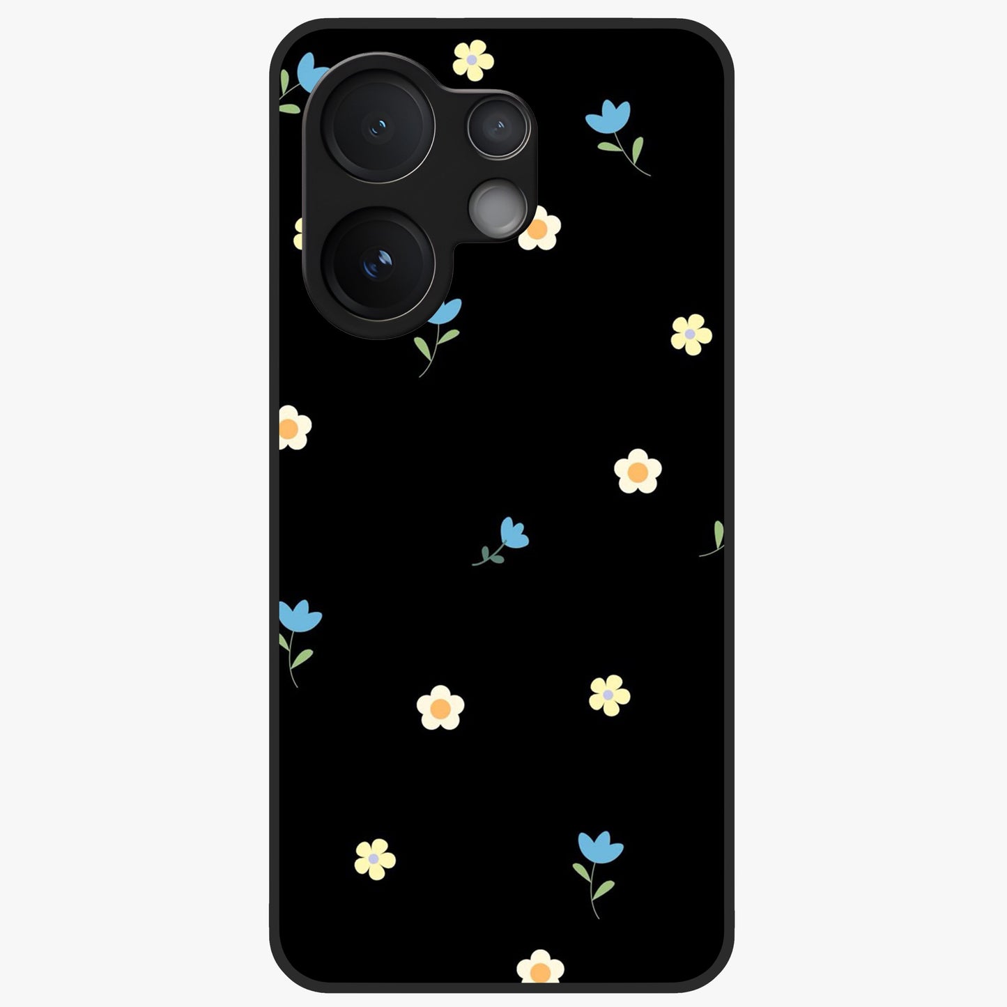 Minimalistic Blue With White Flower Pattern Glass Case showing flat back view with blue background and white flower pattern and glossy glass finish.