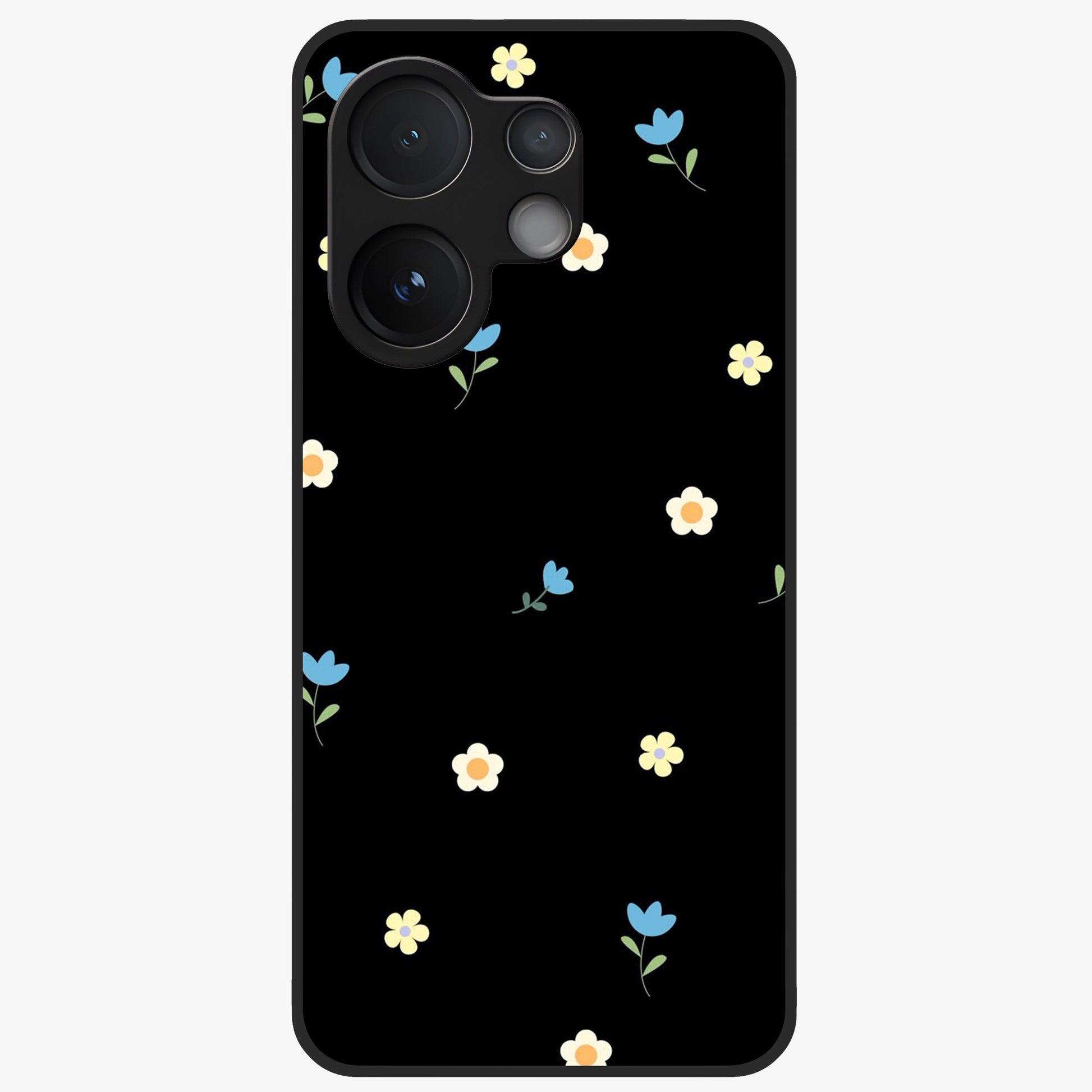 Minimalistic Blue With White Flower Pattern Glass Case showing flat back view with blue background and white flower pattern and glossy glass finish.