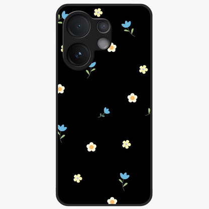 Minimalistic Blue With White Flower Pattern Glass Case showing flat back view with blue background and white flower pattern and glossy glass finish.