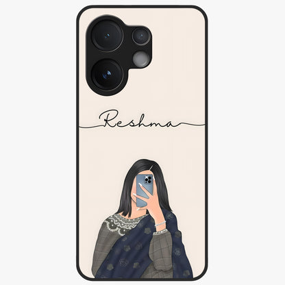 Mirror Mood Muse With Custom Name Glass Case showing flat back view with stylish mirrored artwork and personalized name design.