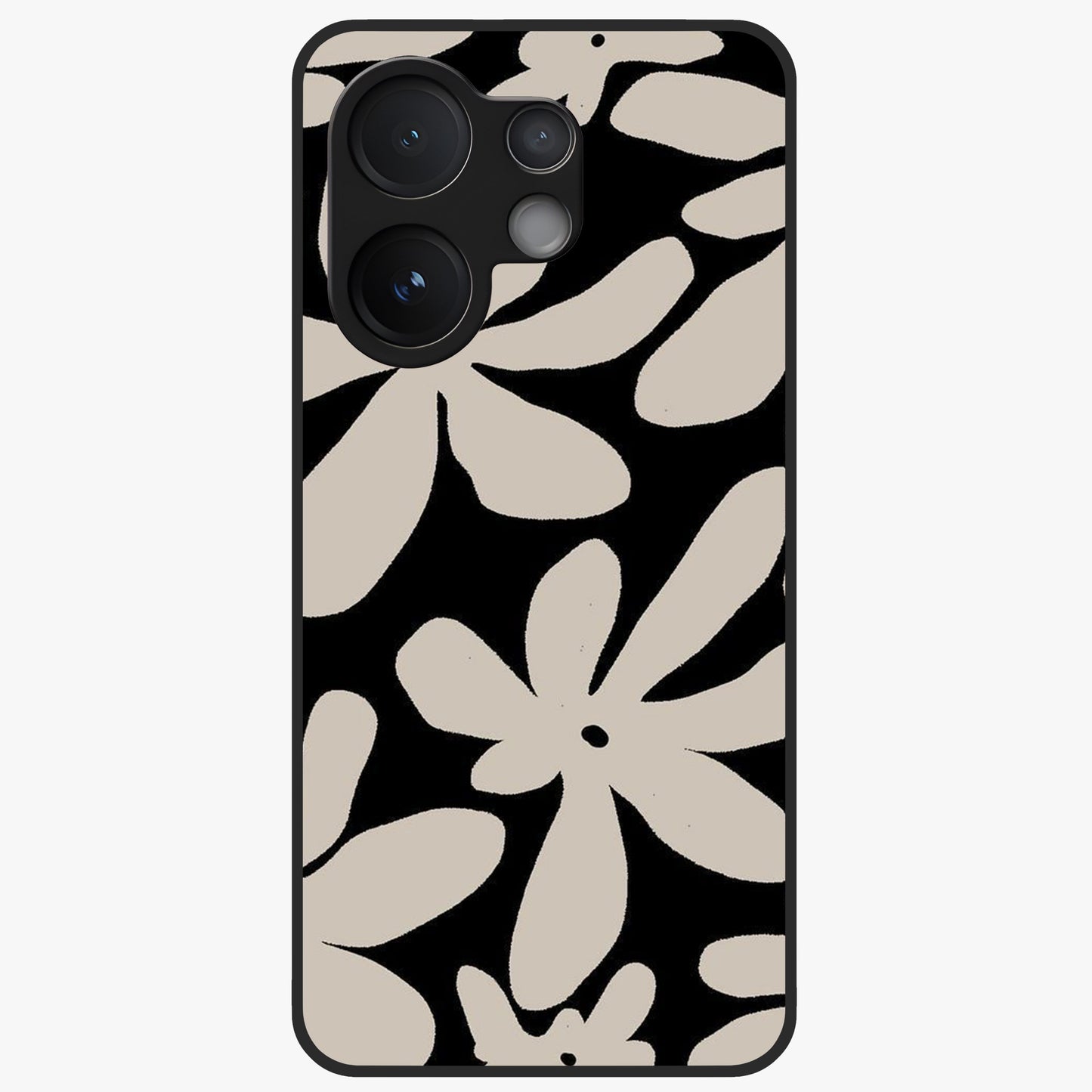 Monochrome Petal Dance Glass Case showing flat back view with monochrome floral artwork and glossy glass finish.