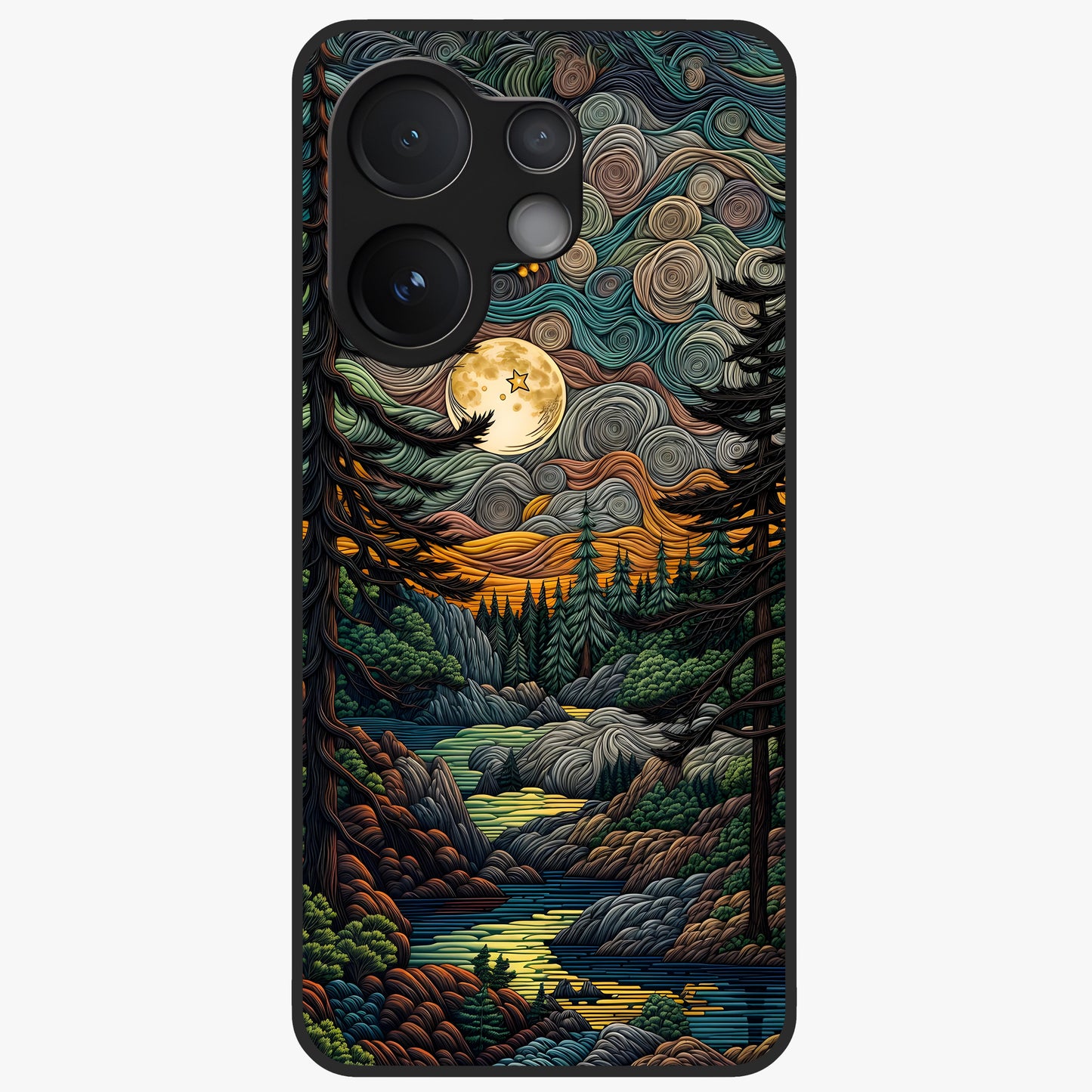 Moonlight Forest Dream Glass Case showing flat back view with mystical forest moonlight artwork and glossy glass finish.