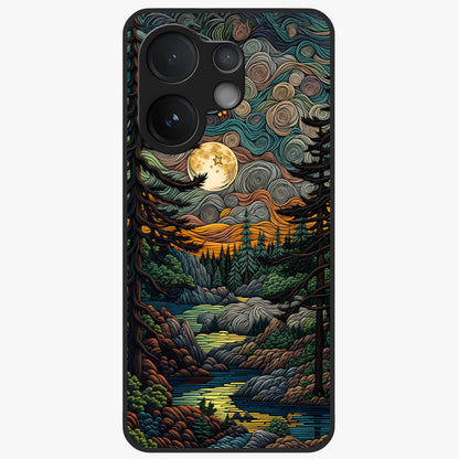 Moonlight Forest Dream Glass Case showing flat back view with mystical forest moonlight artwork and glossy glass finish.