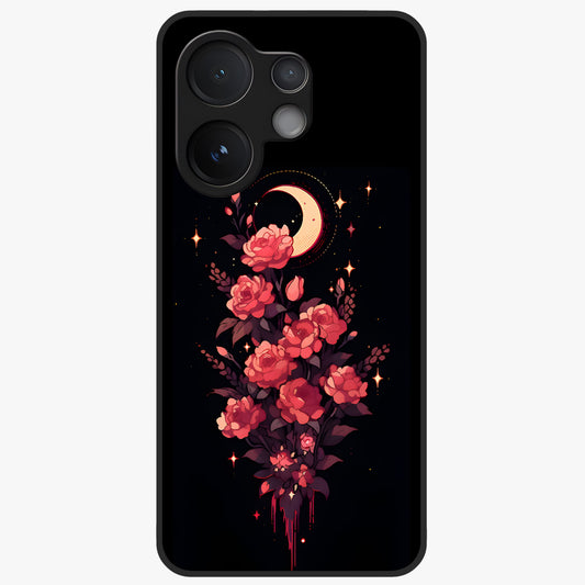 Moonlit Floral Elegance Glass Case showing flat back view with elegant floral artwork under moonlit tones and glossy glass finish.