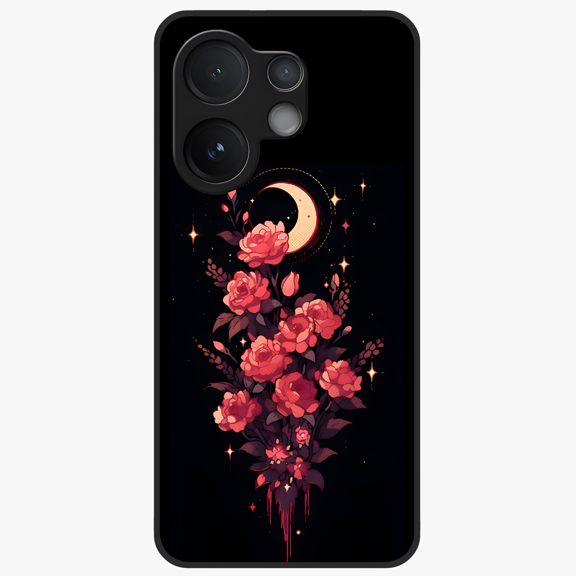 Moonlit Floral Elegance Glass Case showing flat back view with elegant floral artwork under moonlit tones and glossy glass finish.