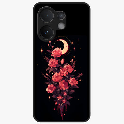 Moonlit Floral Elegance Glass Case showing flat back view with elegant floral artwork under moonlit tones and glossy glass finish.