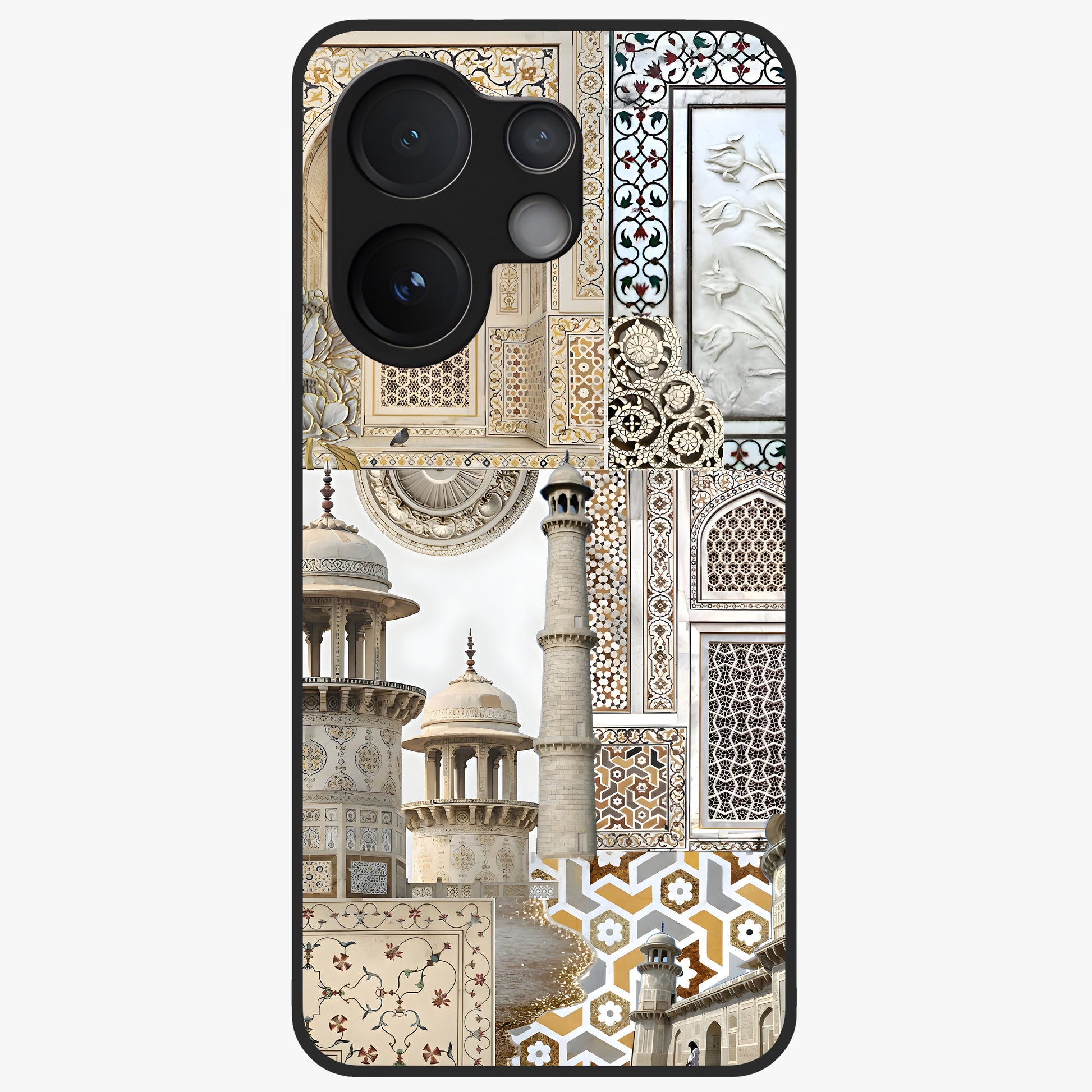 Mughal Marble Legacy Glass Case showing flat back view with intricate Mughal inspired marble pattern and glossy glass finish.