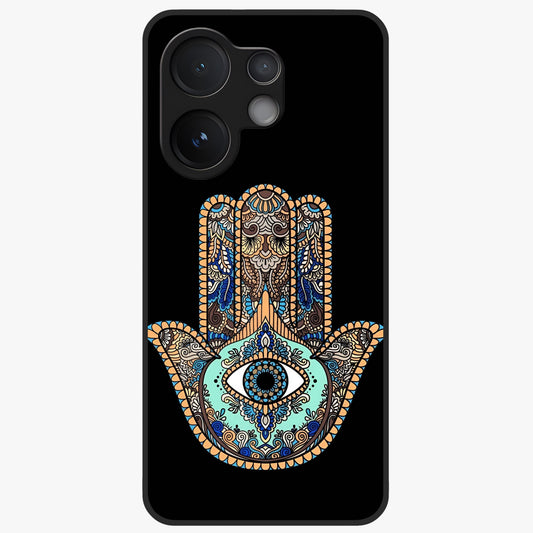 Mystic Hamsa Eye Glass Case showing flat back view with protective hamsa hand and evil eye artwork and glossy glass finish.