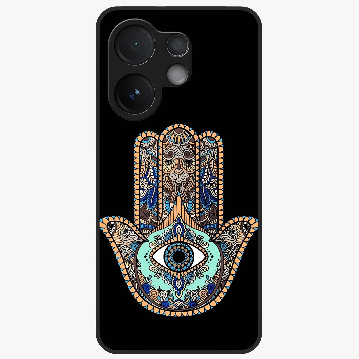 Mystic Hamsa Eye Glass Case showing flat back view with protective hamsa hand and evil eye artwork and glossy glass finish.