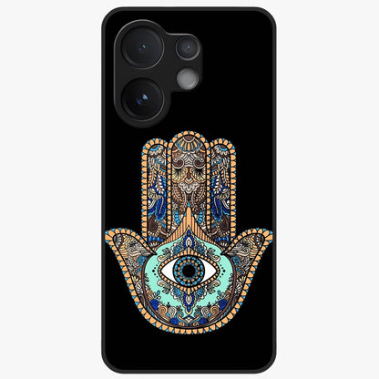 Mystic Hamsa Eye Glass Case showing flat back view with protective hamsa hand and evil eye artwork and glossy glass finish.