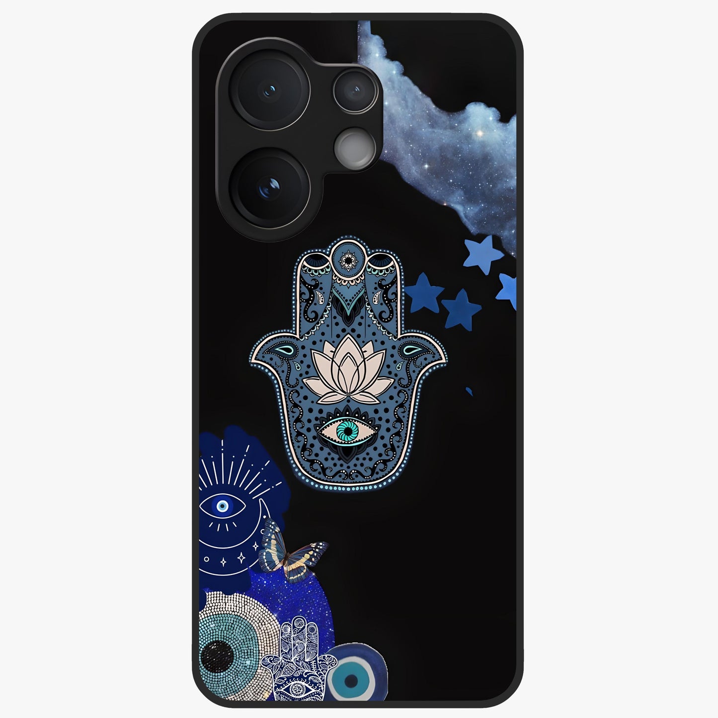 Mystic Hand Aura Glass Case showing flat back view with mystical hand symbol artwork and glossy glass finish.