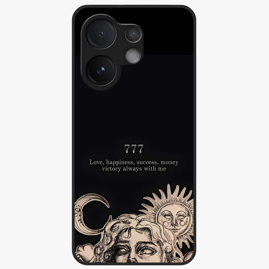 Mystic Victory Aura Glass Case showing flat back view with victory symbol artwork and glossy glass finish.