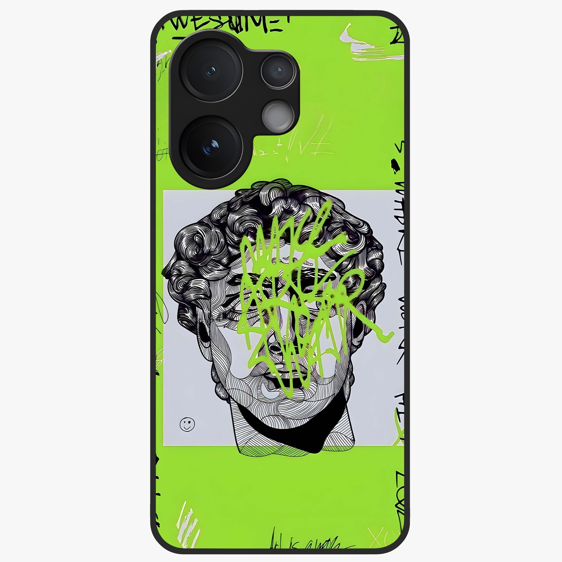 Neo Graffiti Rebellion Glass Case showing flat back view with vibrant graffiti artwork and glossy glass finish.