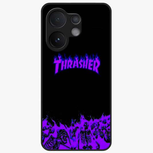 Neon Flame Riot Glass Case showing flat back view with neon flame artwork and glossy glass finish.