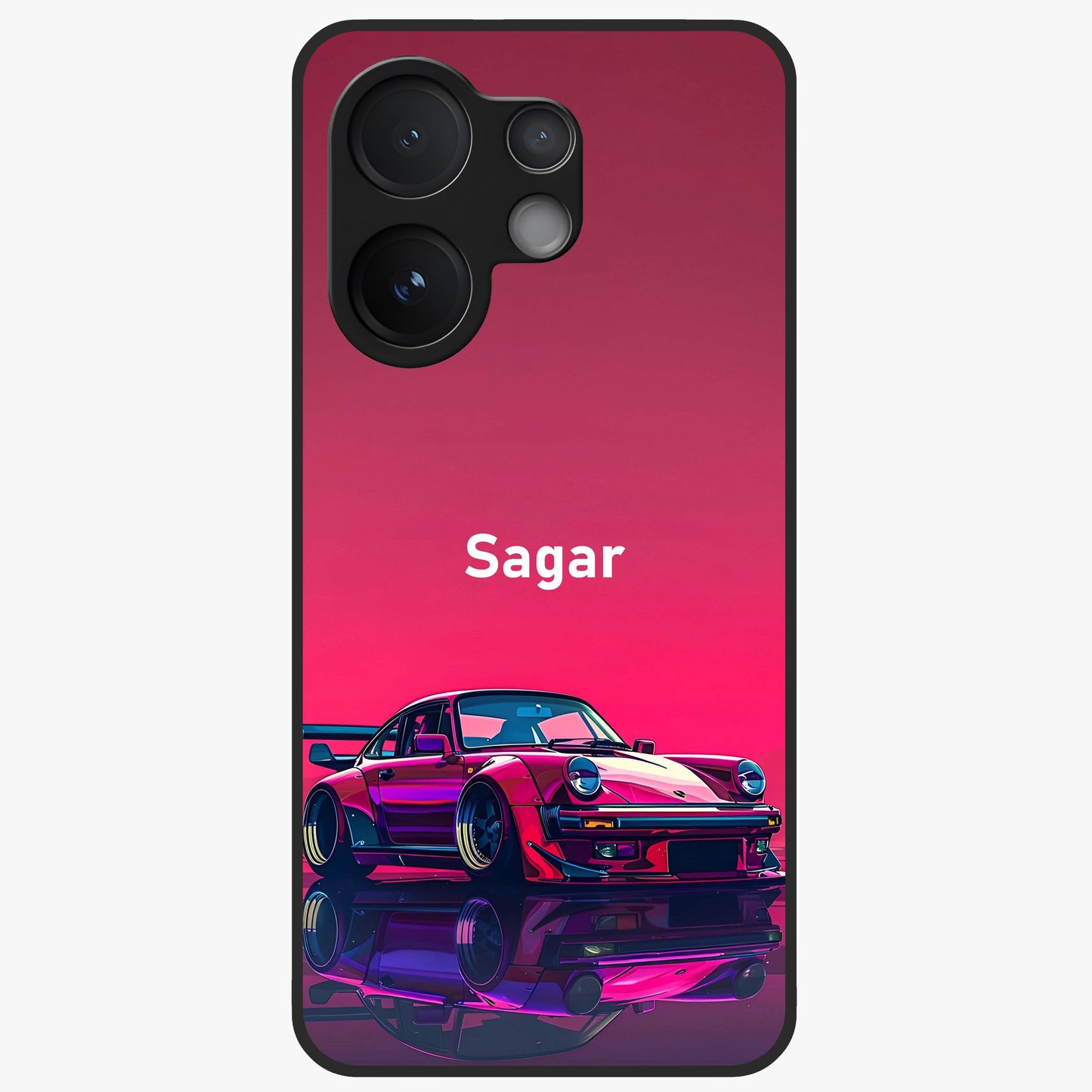 Neon Pink Porsche Glass Case showing flat back view with stylish sports car artwork and glossy glass finish.