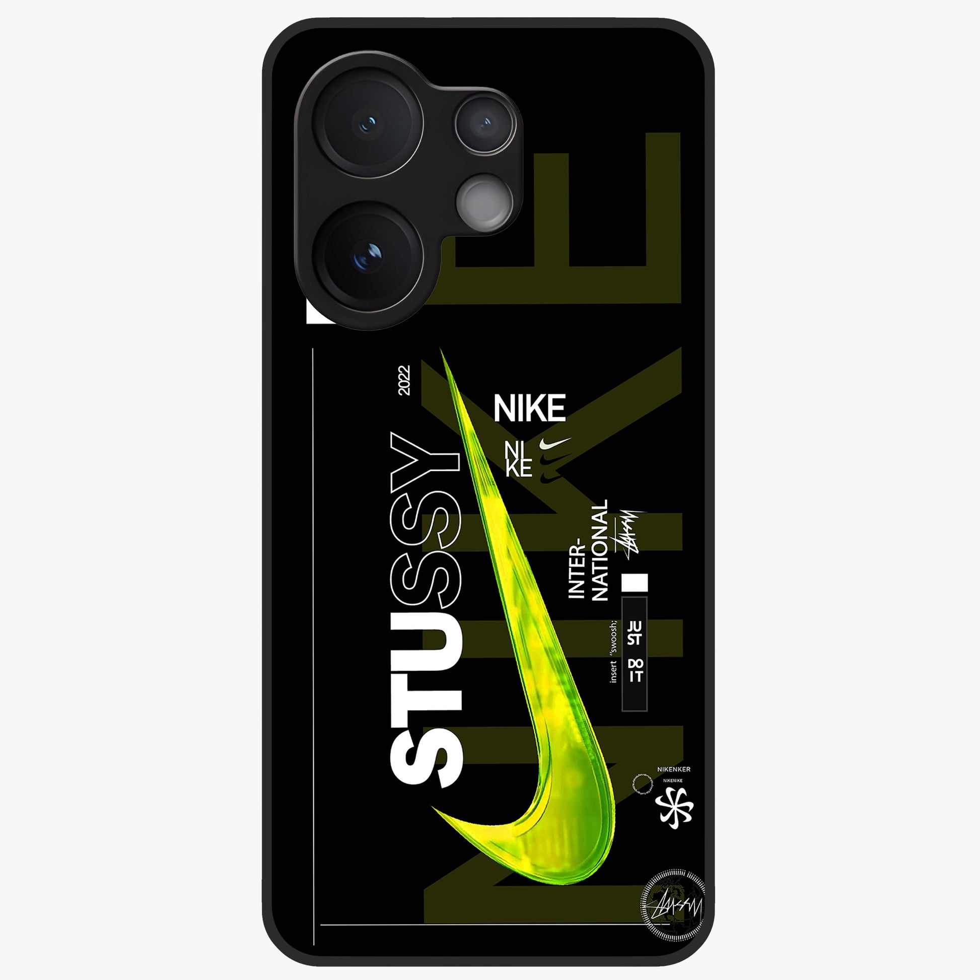 Neon Street Edition Glass Case showing flat back view with neon street style artwork and glossy glass finish.