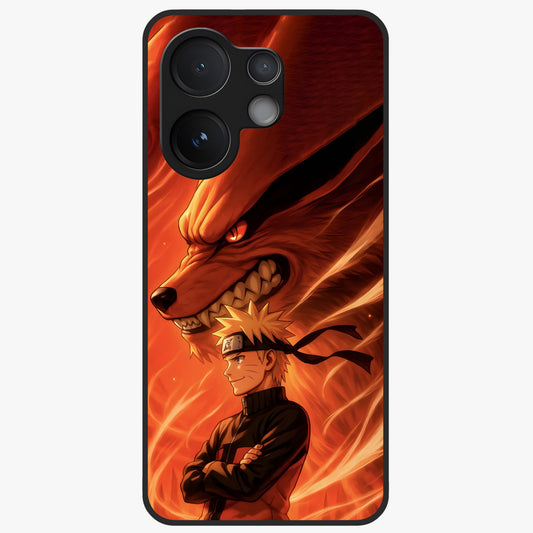 Nine Tails Legacy Glass Case showing flat back view with powerful nine-tailed fox inspired artwork and glossy glass finish.