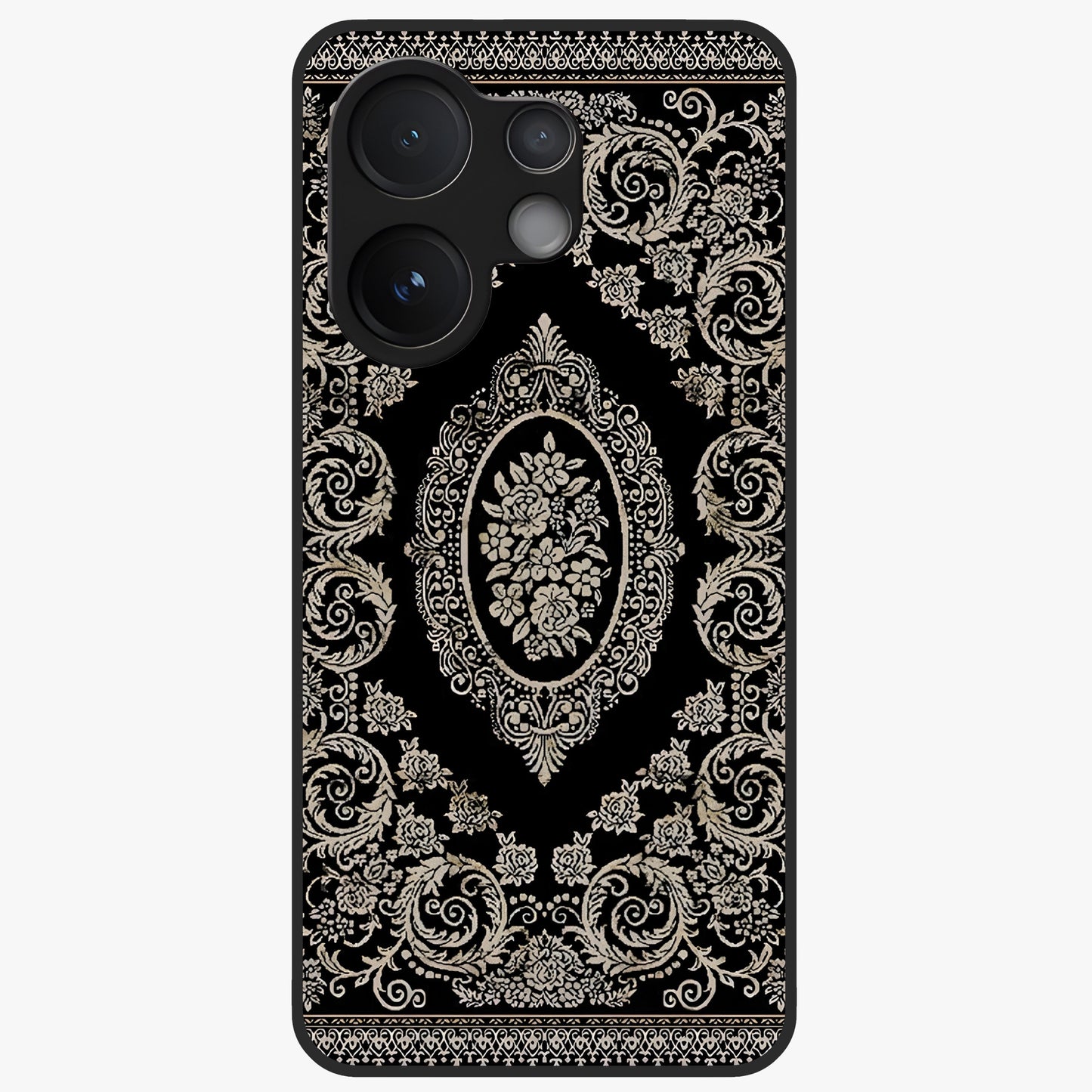 Noir Bloom Elegance Glass Case showing flat back view with elegant dark floral artwork and glossy glass finish.