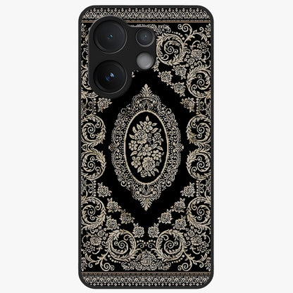 Noir Bloom Elegance Glass Case showing flat back view with elegant dark floral artwork and glossy glass finish.