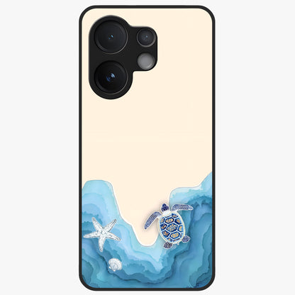 Ocean Drift Turtle Glass Case showing flat back view with sea turtle artwork and glossy glass finish.