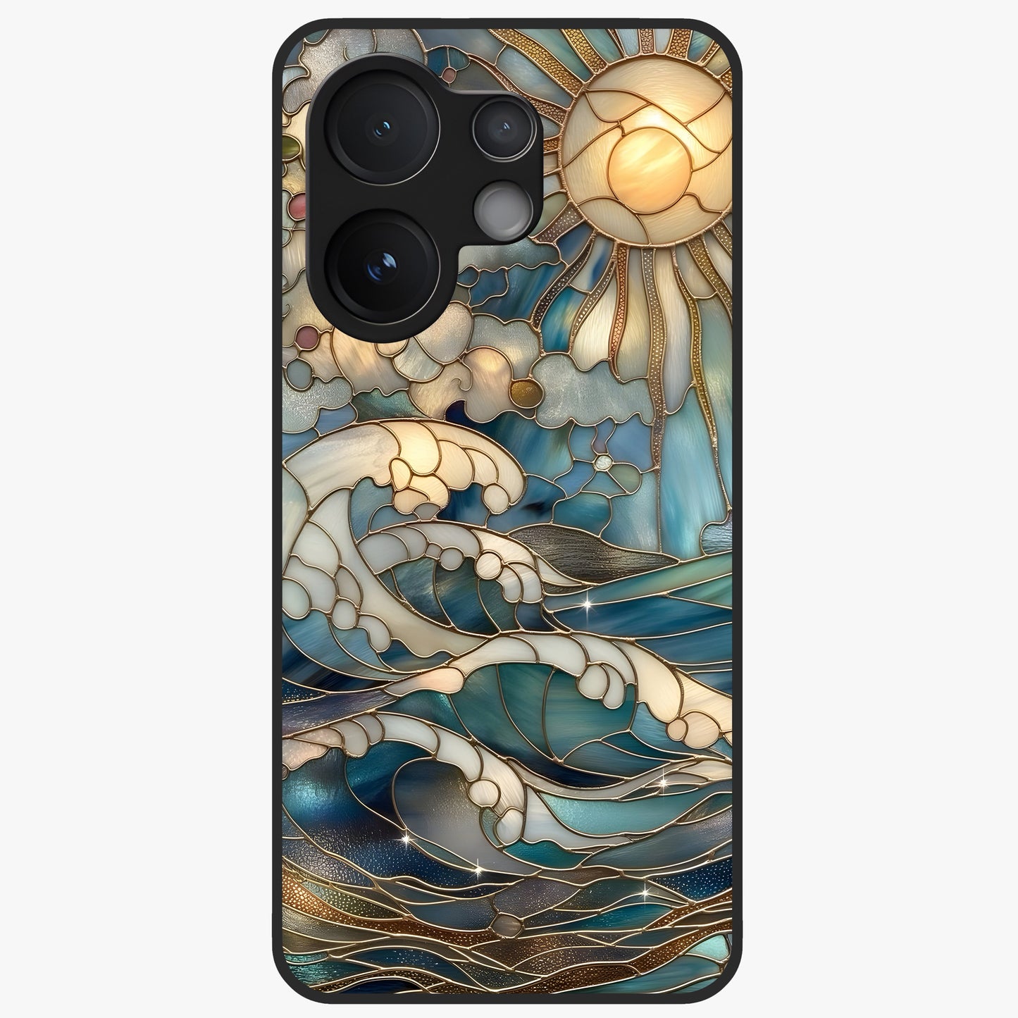 Oceanic Stained Printed Glass Case showing flat back view with ocean inspired stained pattern artwork and glossy glass finish.
