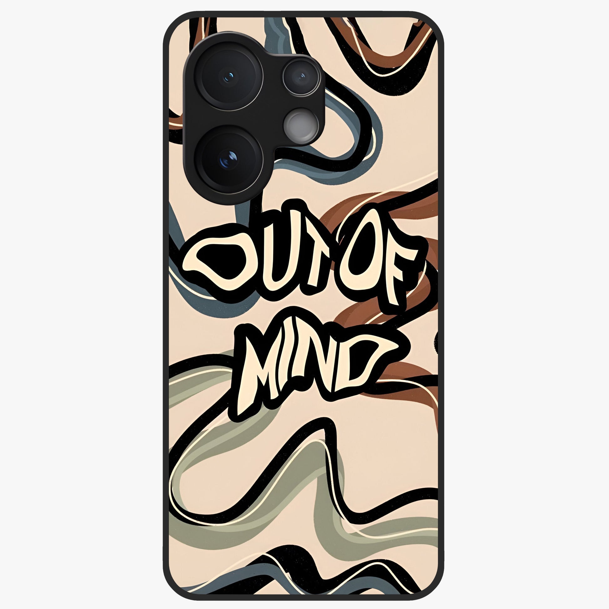 Out Of Mind Glass Case showing flat back view with expressive typography artwork and glossy glass finish.