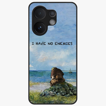Peace Beyond War Glass Case showing flat back view with symbolic peace themed artwork and glossy glass finish.