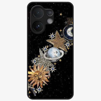 Pearls Universe Object Glass Case showing flat back view with pearl inspired cosmic artwork and glossy glass finish.