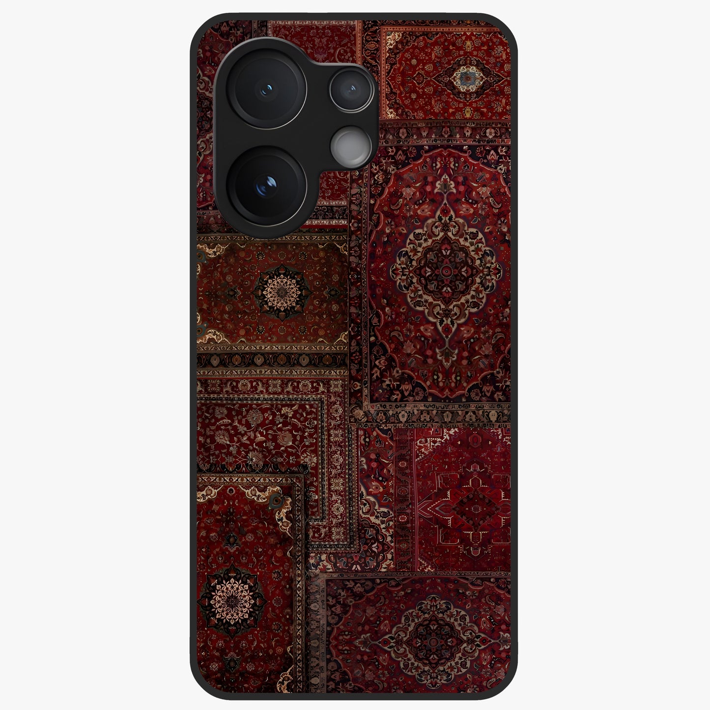 Persian Velvet Tale Glass Case showing flat back view with luxurious Persian velvet pattern artwork and glossy glass finish.