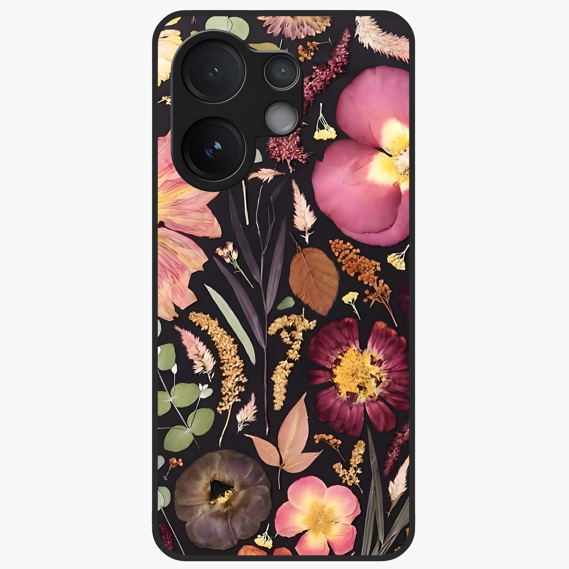 Petal Dream Tapestry Glass Case showing flat back view with intricate floral tapestry artwork and glossy glass finish.