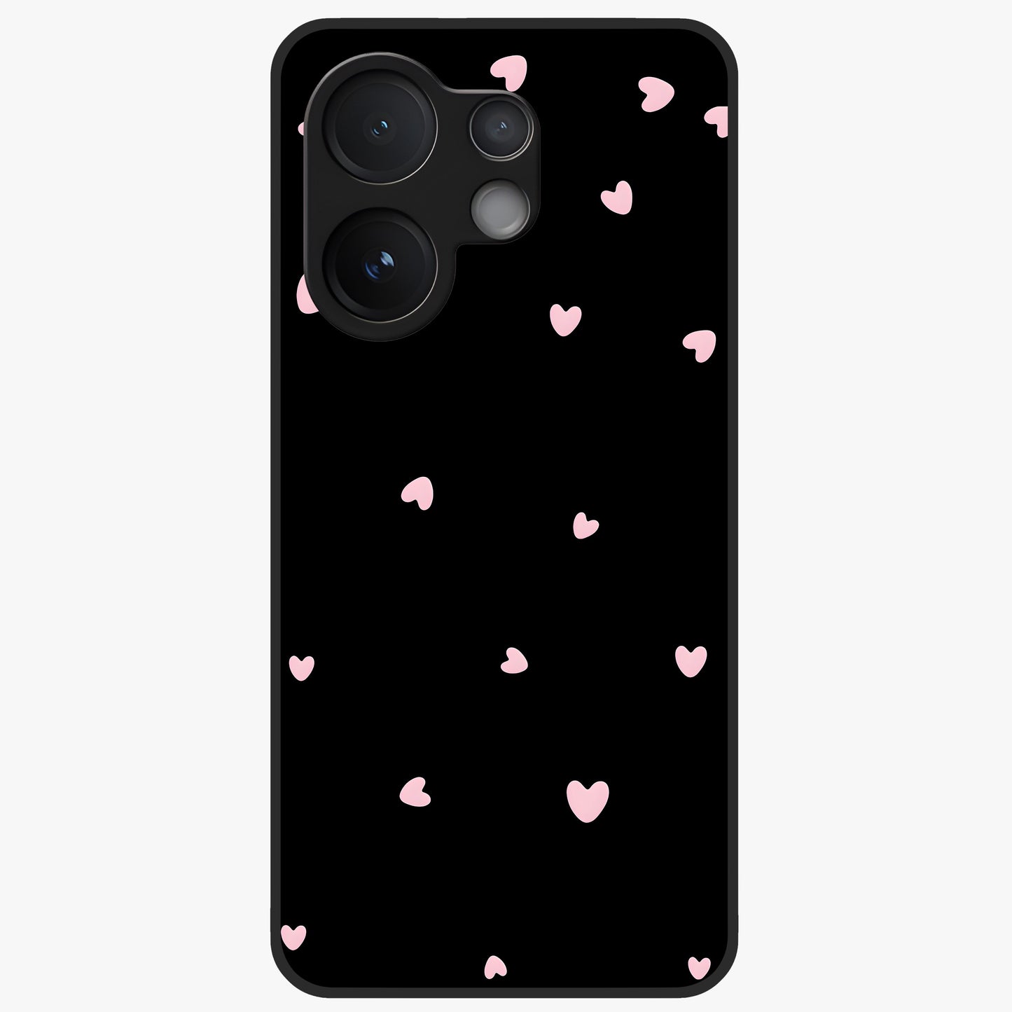 Pink Love Drops Glass Case showing flat back view with playful pink heart drops artwork and glossy glass finish.