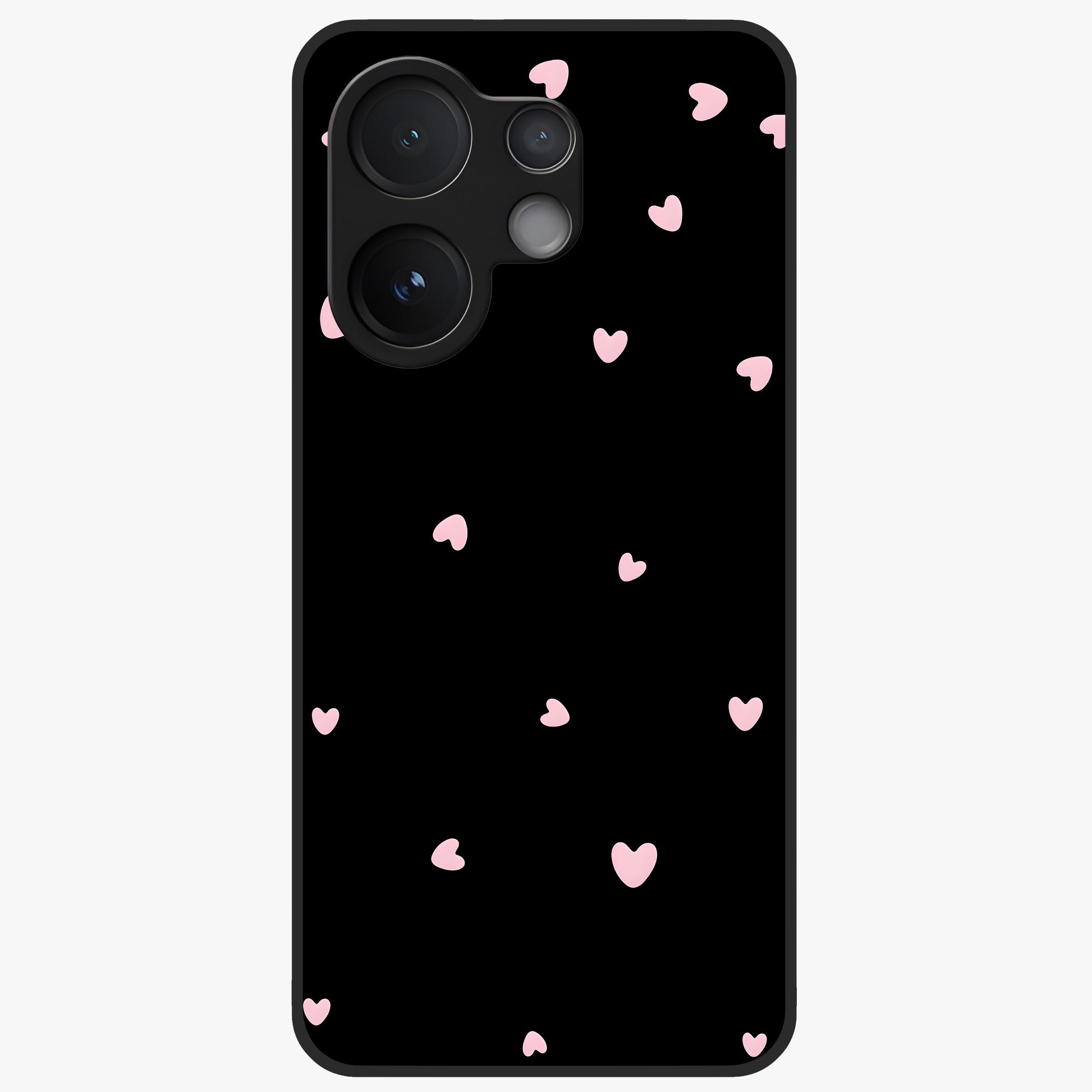 Pink Love Drops Glass Case showing flat back view with playful pink heart drops artwork and glossy glass finish.