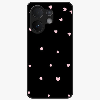 Pink Love Drops Glass Case showing flat back view with playful pink heart drops artwork and glossy glass finish.