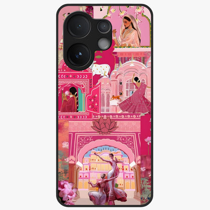 Pink Palace Muse Glass Case showing flat back view with elegant palace inspired artwork and glossy glass finish.