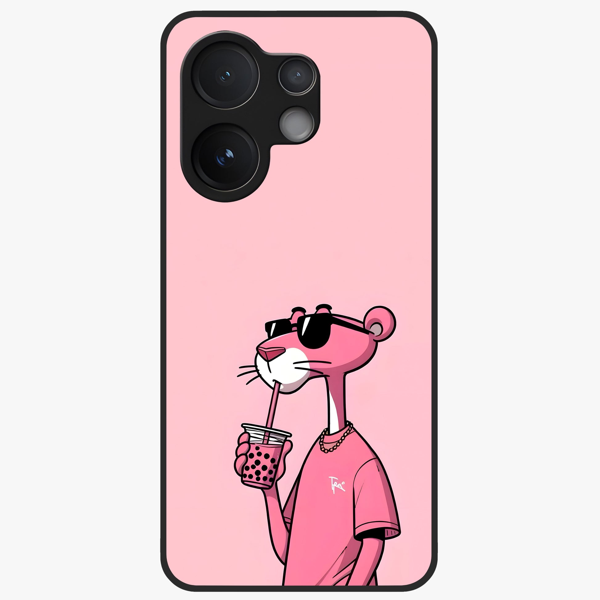 Pink Panther Glass Case showing flat back view with iconic pink panther artwork and glossy glass finish.